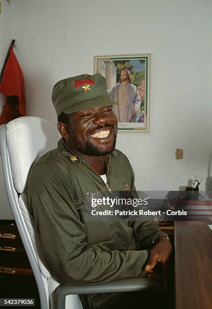 Prince Yormie Johnson, leader of the militant group Independent National Patriotic Front of Liberia (INPFL), sits in an office in Monrovia. Responding to years of government corruption and oppression, in 1989 the National Patriotic Front of Liberia (NPFL) launched a revolt against President Samuel Doe, seizing control of much of Liberia and plunging the country into massive civil war. During the war Prince Johnson split from the NPFL and formed the INPFL; then he and his forces captured, tortured, and executed President Doe. (Photo by Patrick ROBERT/Sygma via Getty Images)